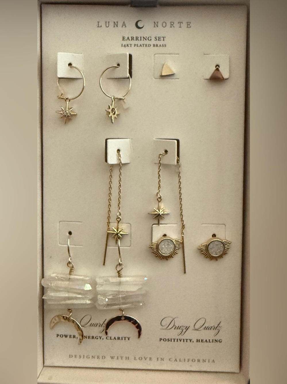 NIB Luna Norte Goldtone Star and Quartz Earring Set of 5 pair